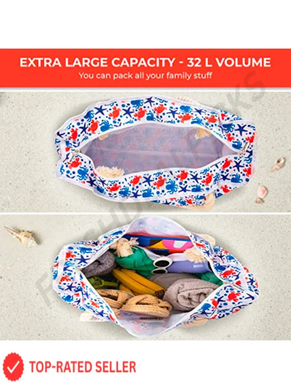 Waterproof Beach Tote Bag with Cooler Pocket, 7 Pockets, Zip Top, Large Family